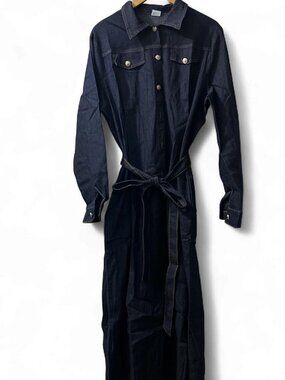 Dark Denim Shirt Dress Belted Long Sleeve Y2K XXL